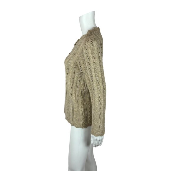 Vintage 80s Tan Cardigan Women's Medium Cable Knit Granny Sweater - Picture 7 of 10